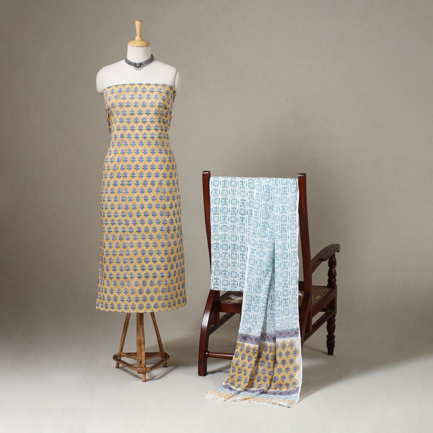 Yellow - 3pc cotton sanganeri unstitched dress material 01