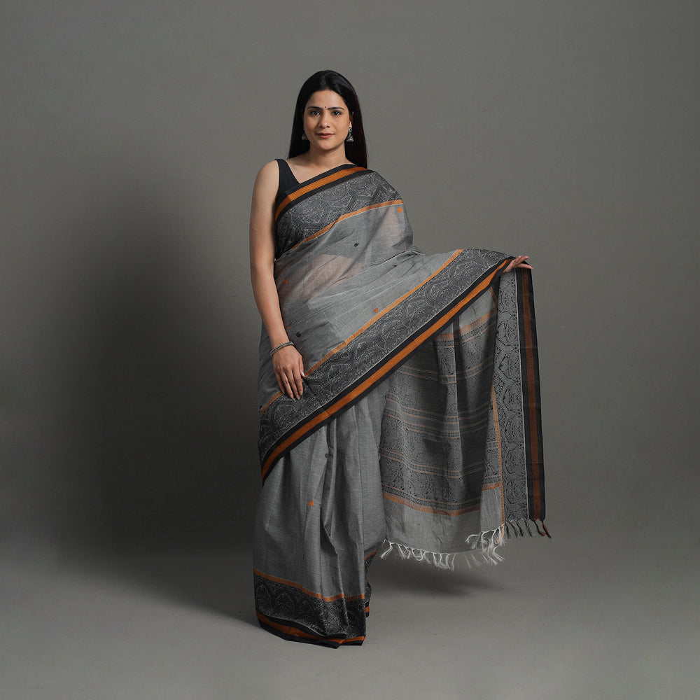 Grey - Handloom Cotton Thread Border Kanchipuram Saree 13