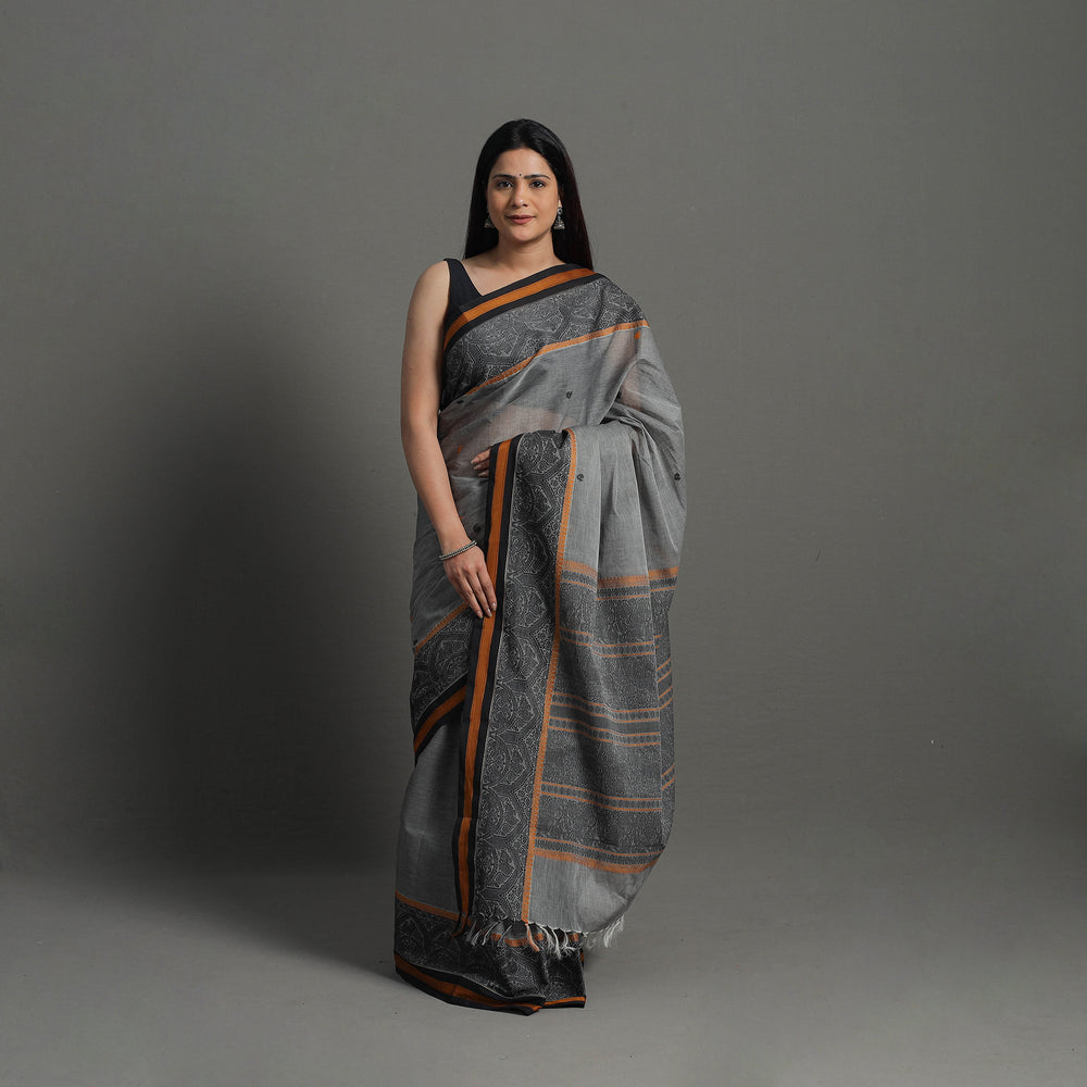 Grey - Handloom Cotton Thread Border Kanchipuram Saree 13