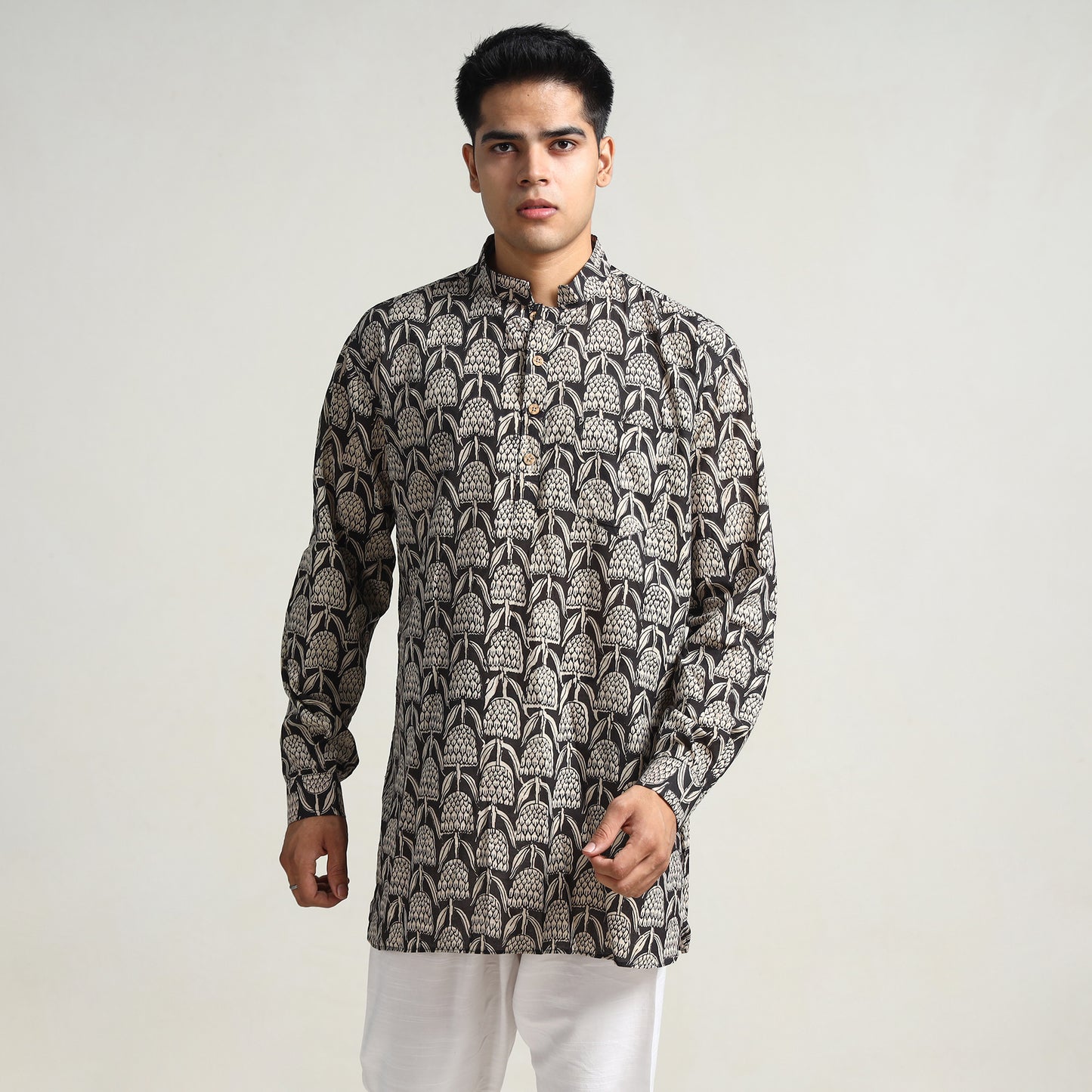 Black - Bagru Block Printed Cotton Men Short Kurta 15