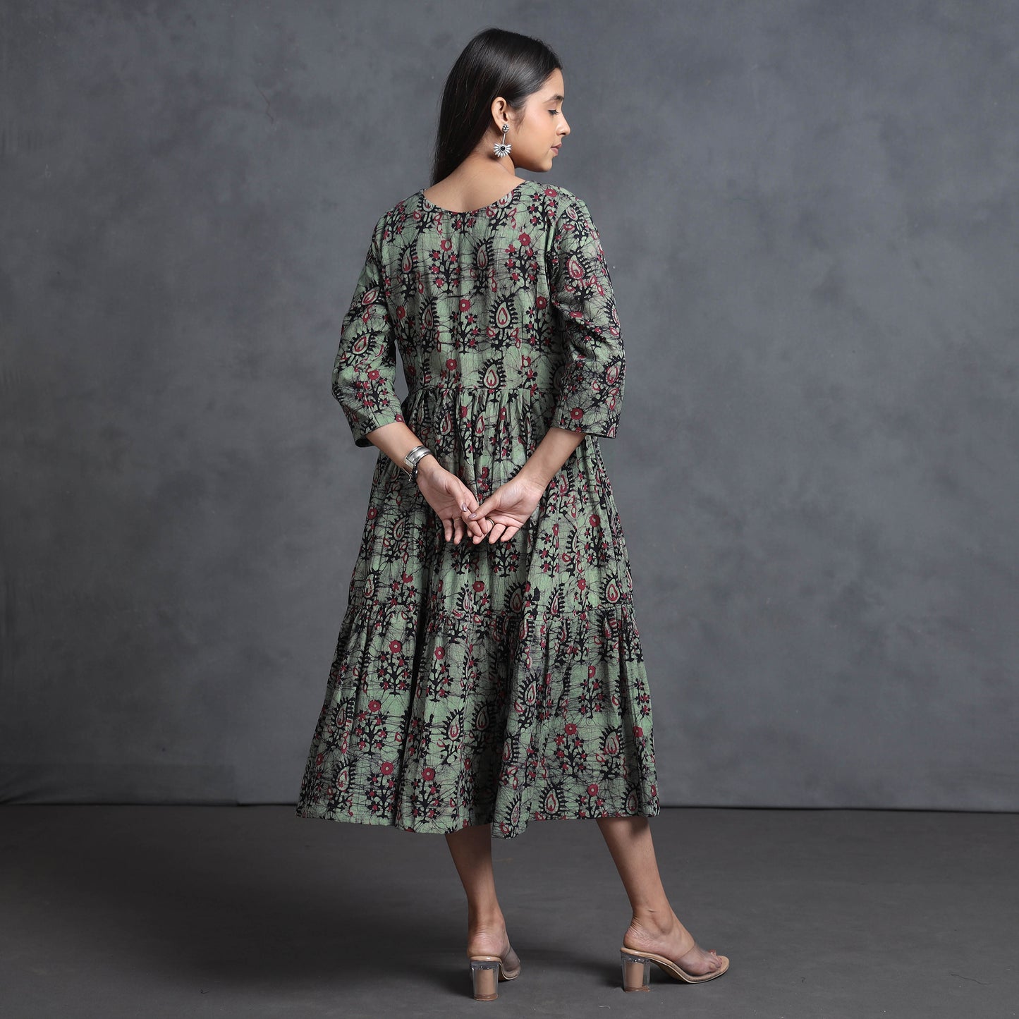 Green - Hand Batik Printed Cotton Flared Gher Dress
