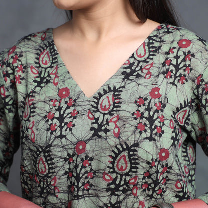 Green - Hand Batik Printed Cotton Flared Gher Dress