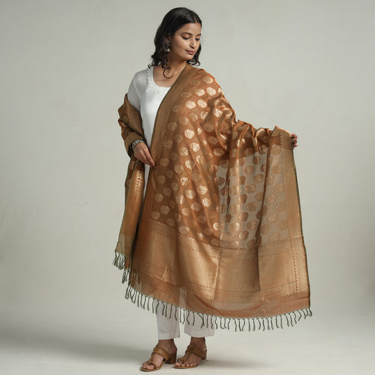 Brown - Banarasi Handloom Katan Silk Zari Buti Dupatta with Tassels 67