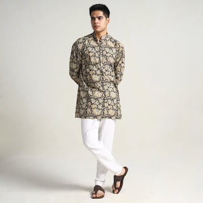 Black - Bagru Block Printed Cotton Men Short Kurta 13