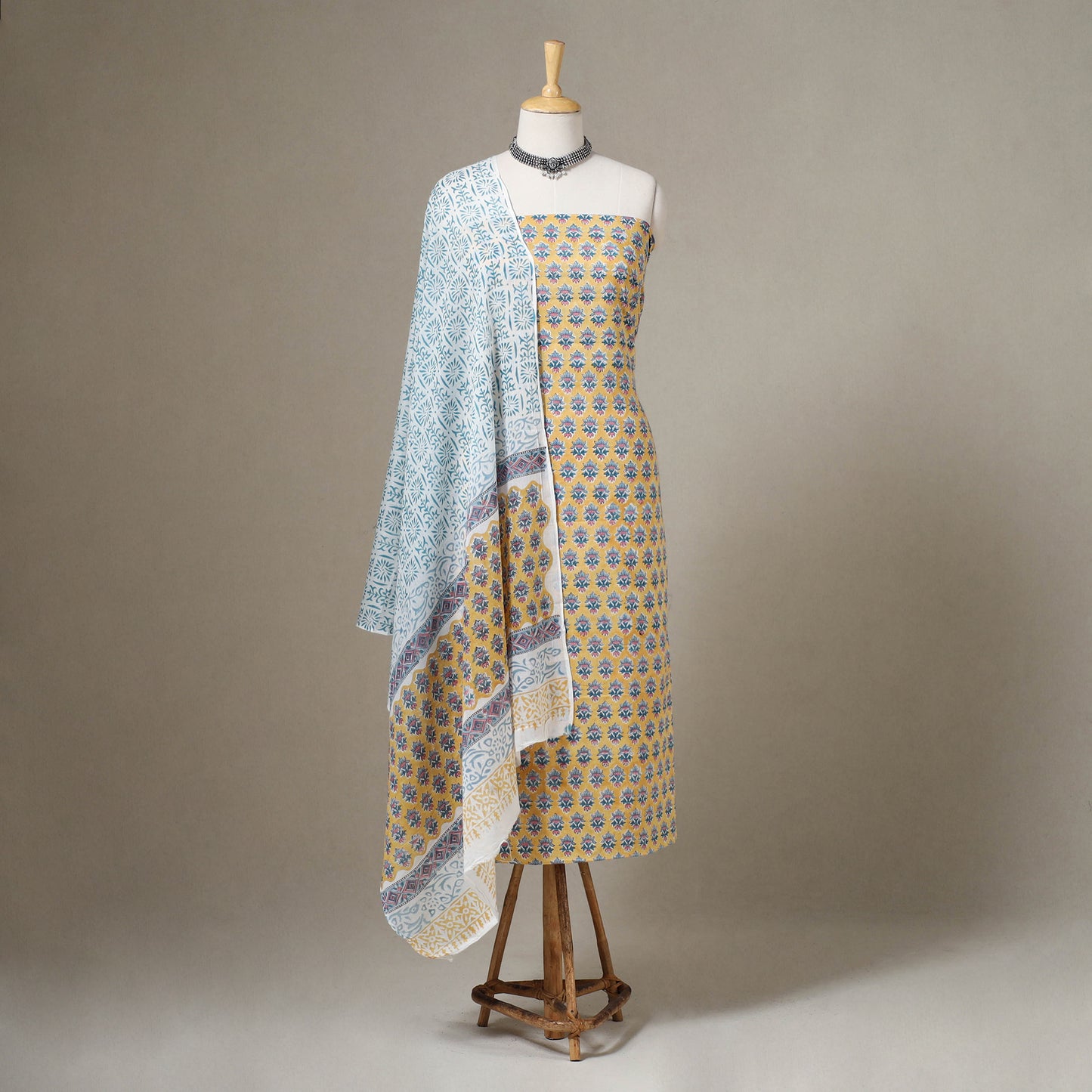 Yellow - 3pc cotton sanganeri unstitched dress material 01