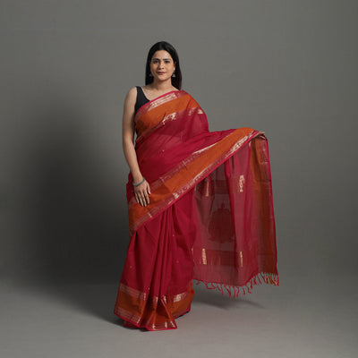 Red - Handloom Cotton Zari Border Kanchipuram Saree 15