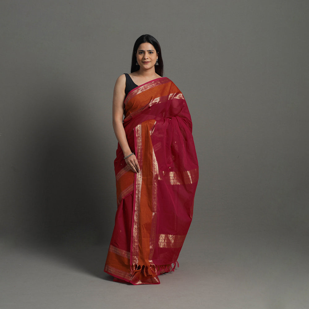 Red - Handloom Cotton Zari Border Kanchipuram Saree 15