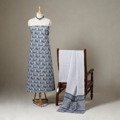 Grey 3pc Block Print Cotton Sanganeri Dress Material