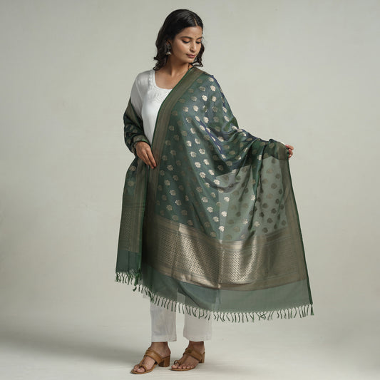 Green - Banarasi Handloom Katan Silk Zari Buti Dupatta with Tassels 68