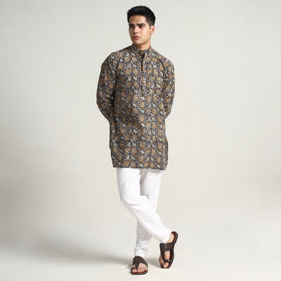 Black - Bagru Block Printed Cotton Men Short Kurta 12