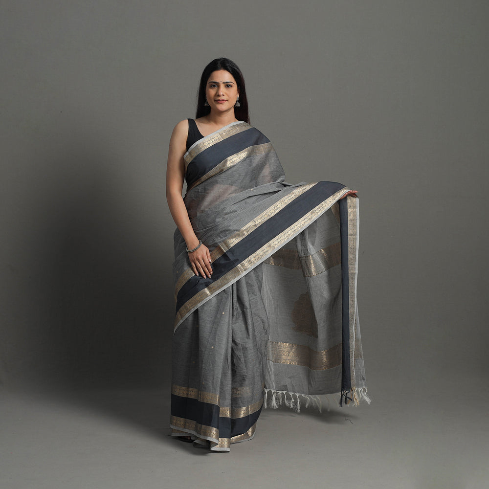 Grey - Handloom Cotton Zari Border Kanchipuram Saree 16