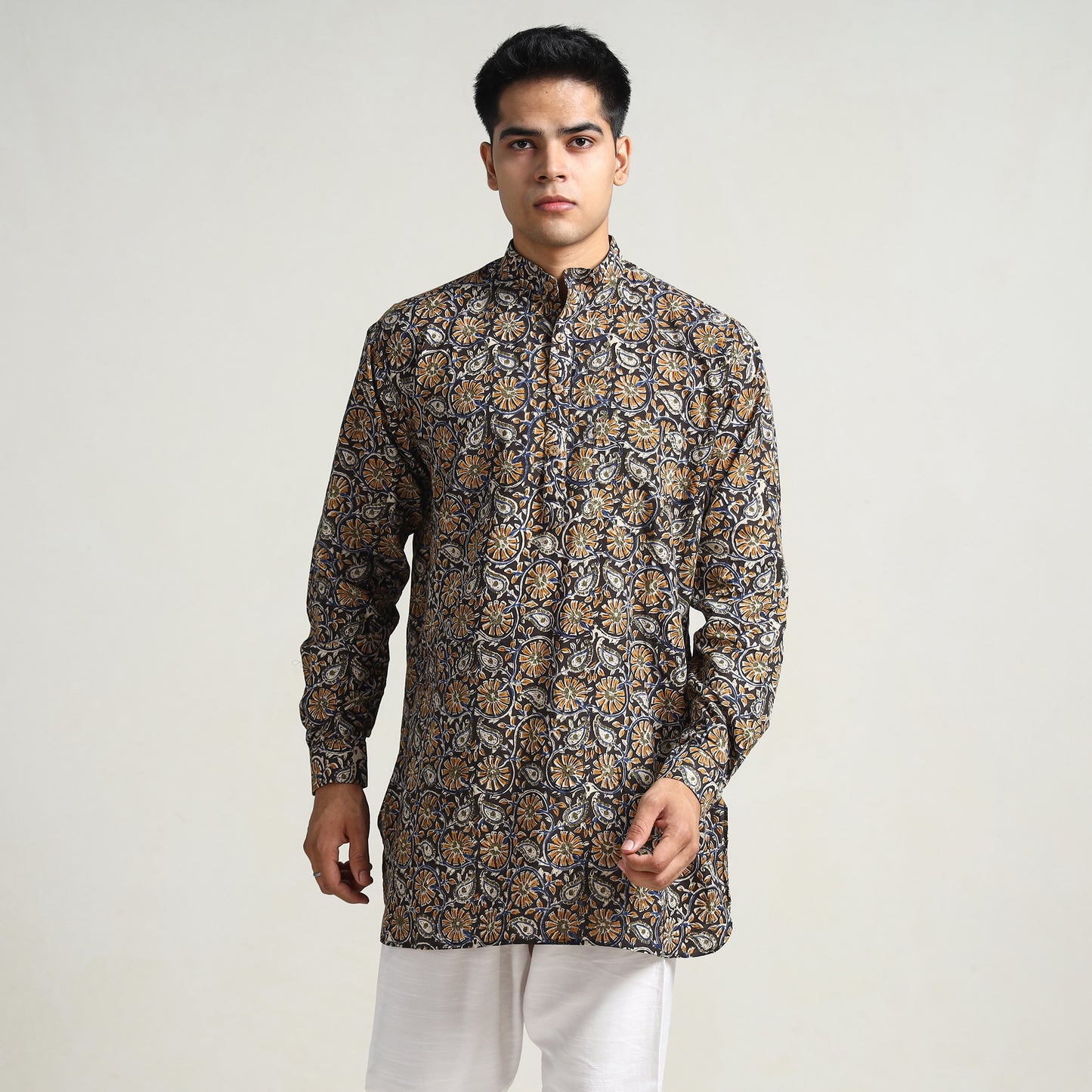 Black - Bagru Block Printed Cotton Men Short Kurta 12