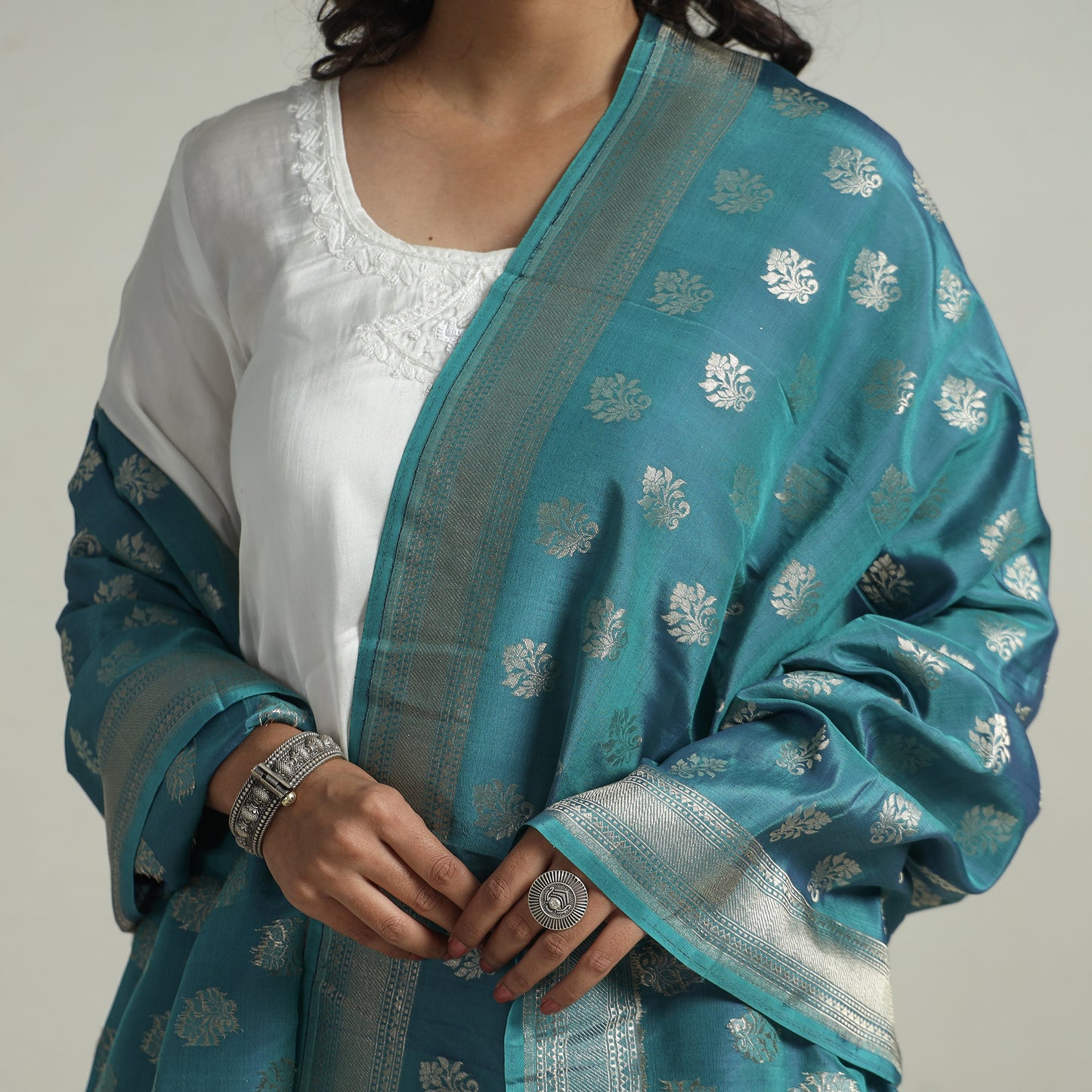 Blue - Banarasi Handloom Katan Silk Zari Buti Dupatta with Tassels 70