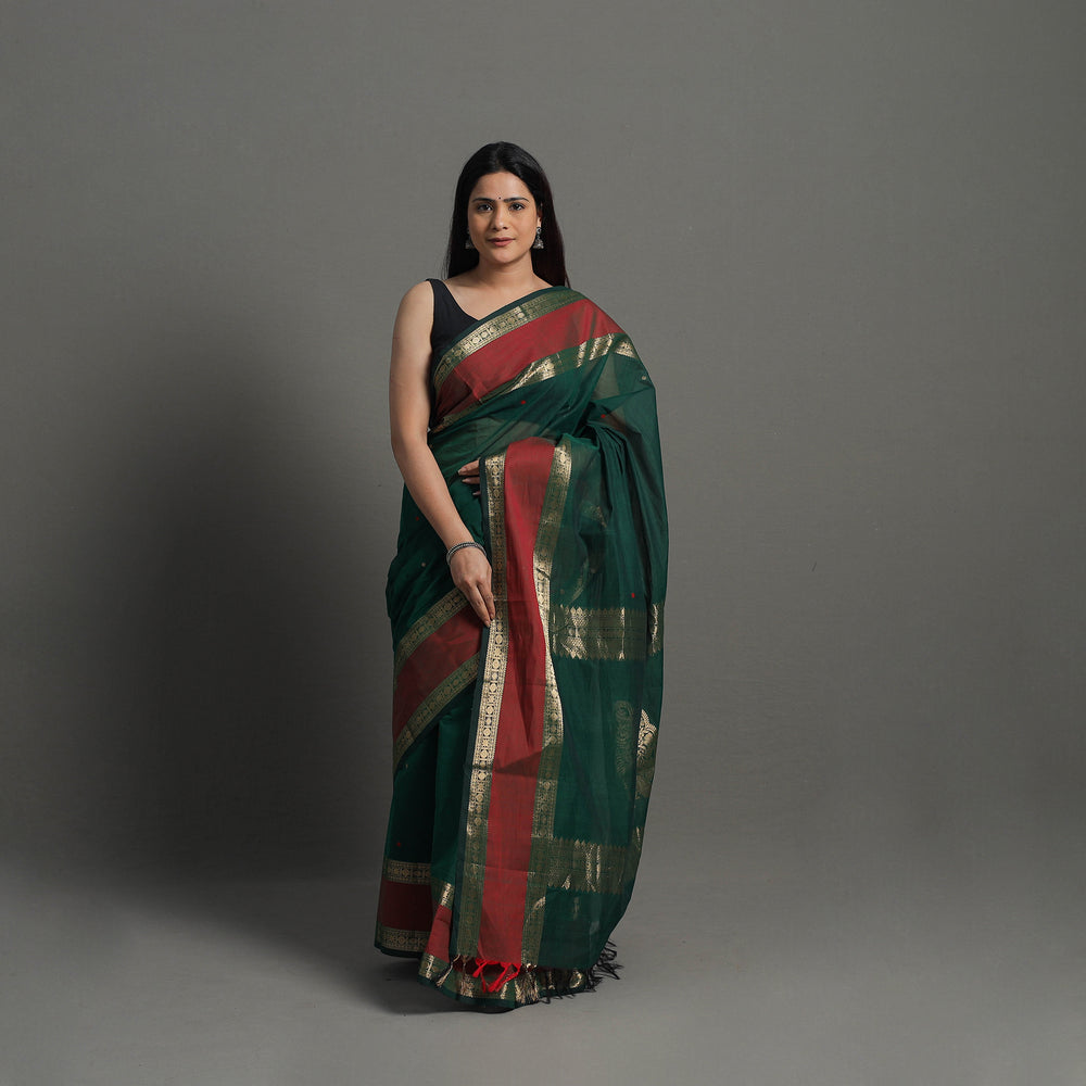 Green - Handloom Cotton Zari Border Kanchipuram Saree 17