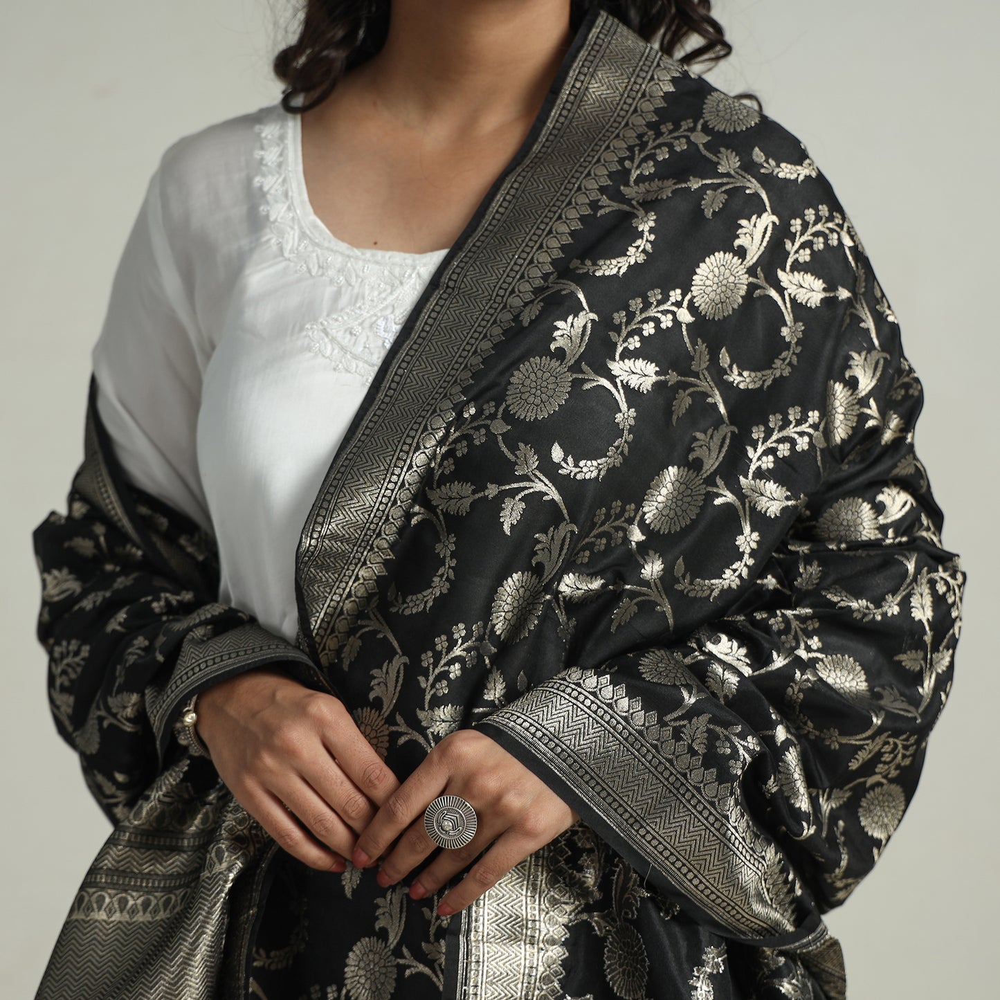 Black - Banarasi Semi Silk Zari Jaal Dupatta with Tassels 71