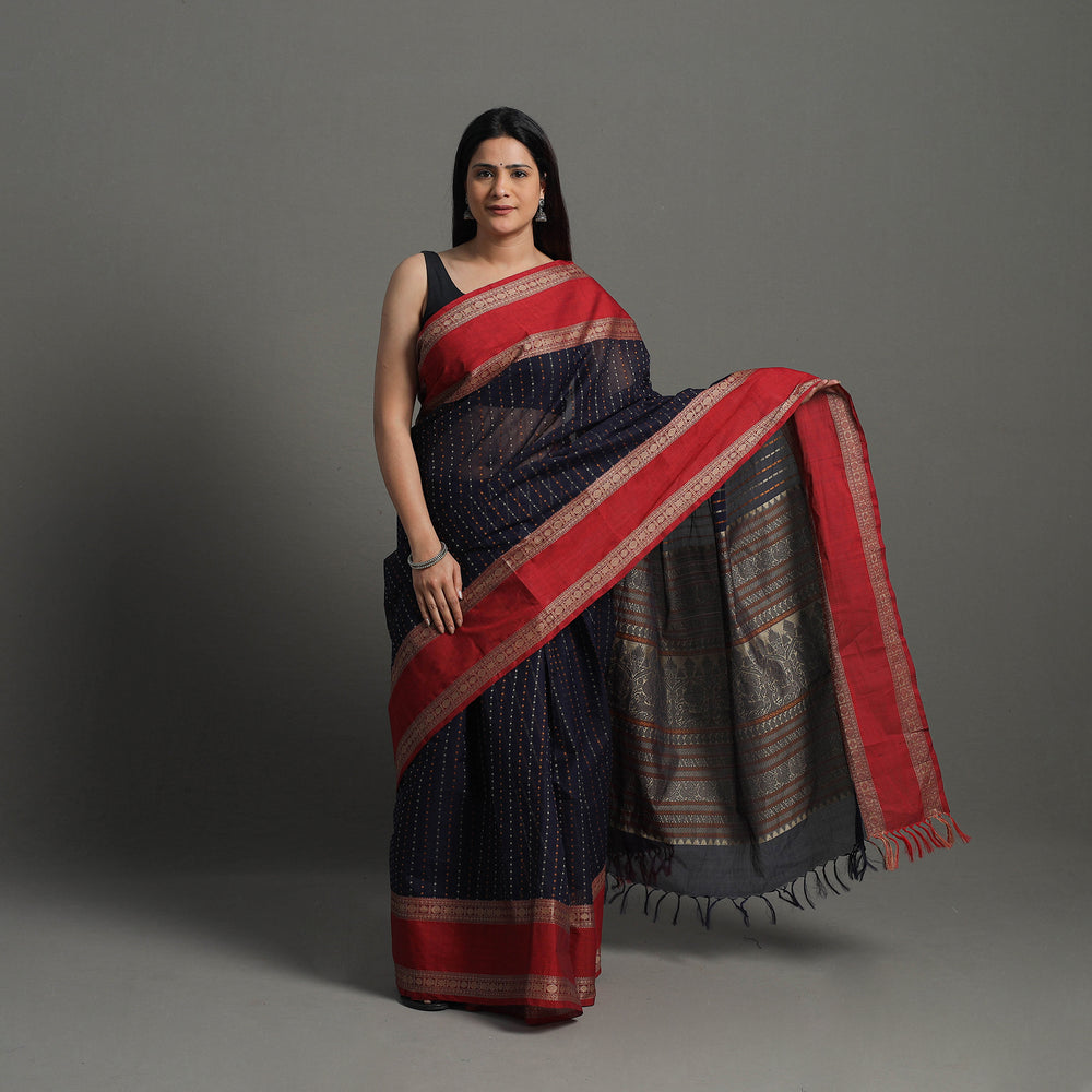 Black - Handloom Cotton Thread Border Kanchipuram Saree 18