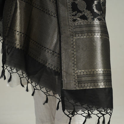 Black - Banarasi Semi Silk Zari Jaal Dupatta with Tassels 71
