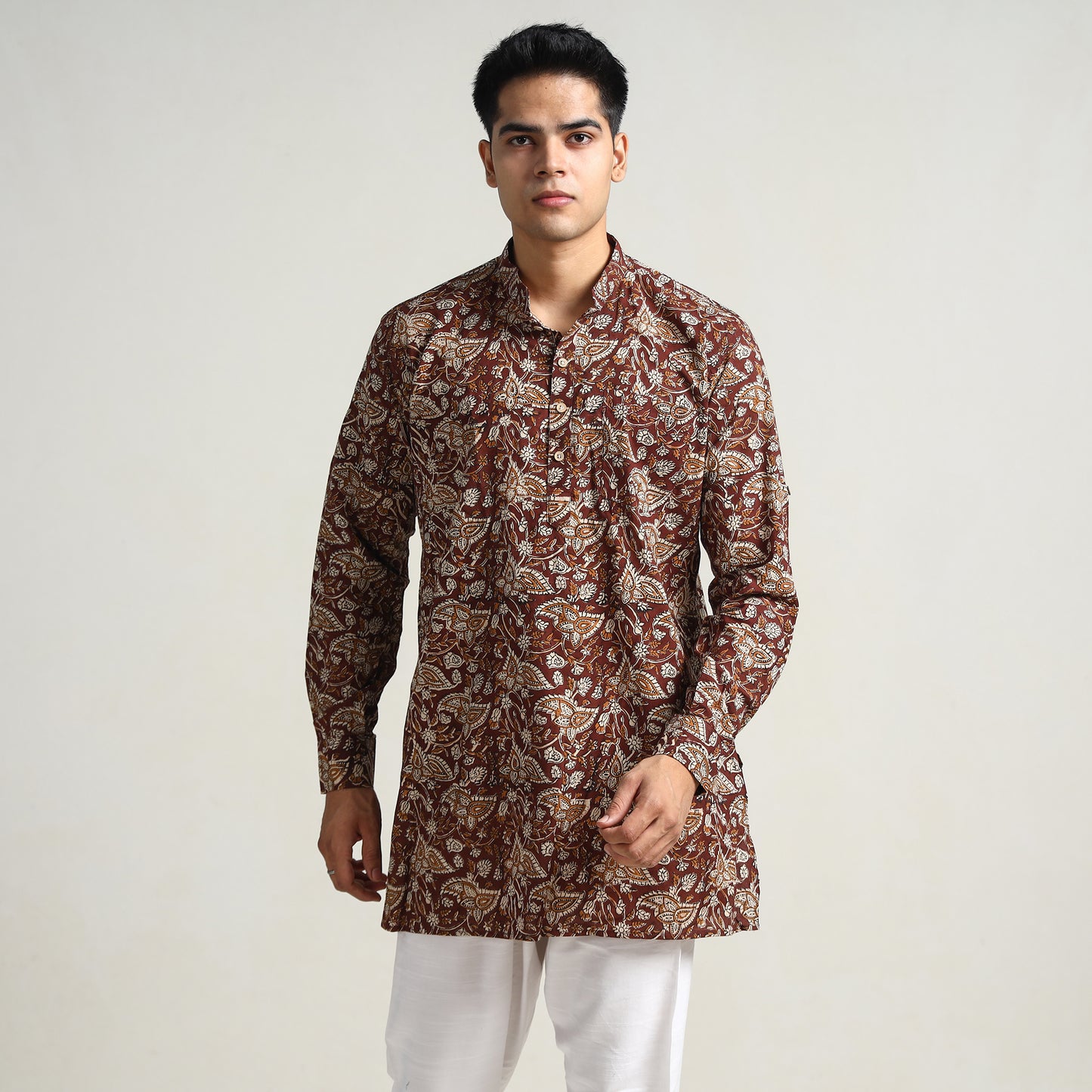 Maroon - Bagru Block Printed Cotton Men Short Kurta 08