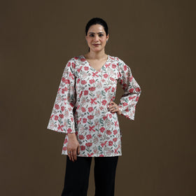White - Sanganeri Hand Block Print Cotton Short Kurta for women 05