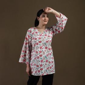 White - Sanganeri Hand Block Print Cotton Short Kurta for women 05