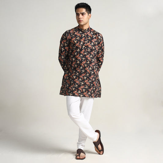 Black -  Bagru Block Printed Cotton Men Short Kurta 14