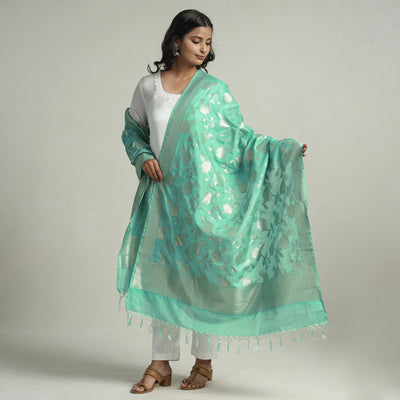 Green - Banarasi Semi Silk Zari Jaal Dupatta with Tassels 73