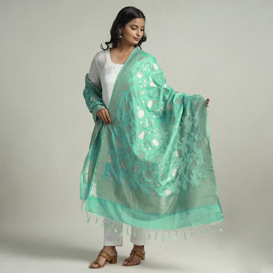 Green - Banarasi Semi Silk Zari Jaal Dupatta with Tassels 73