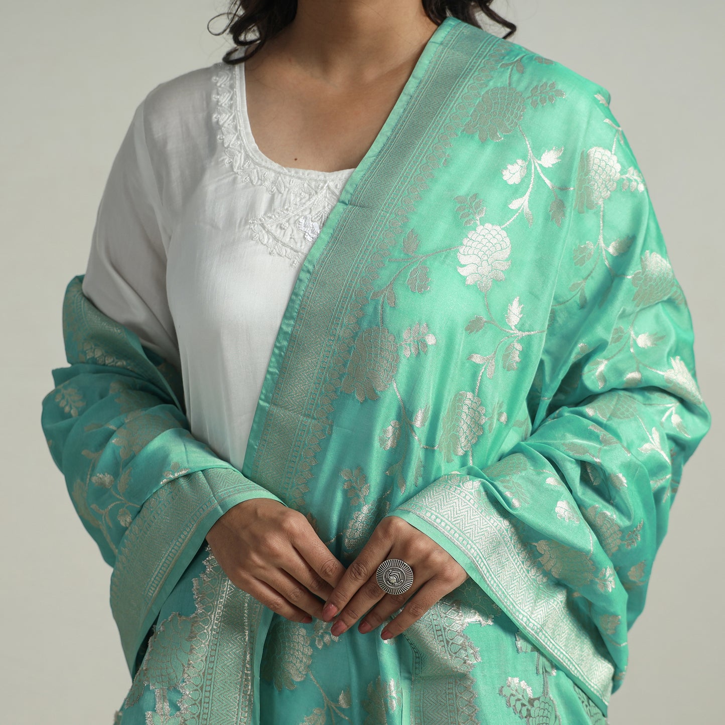 Green - Banarasi Semi Silk Zari Jaal Dupatta with Tassels 73