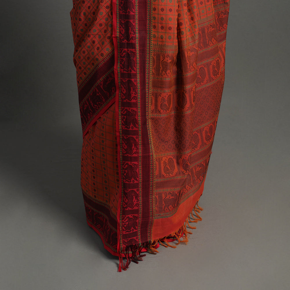 Orange - Handloom Cotton Thread Border Kanchipuram Saree 19