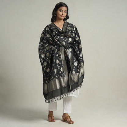 Black - Banarasi Semi Silk Zari Jaal Dupatta with Tassels 74