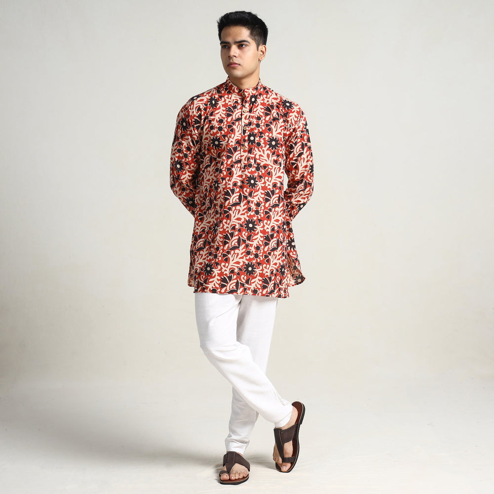 Red - Bagru Block Printed Cotton Men Short Kurta 06