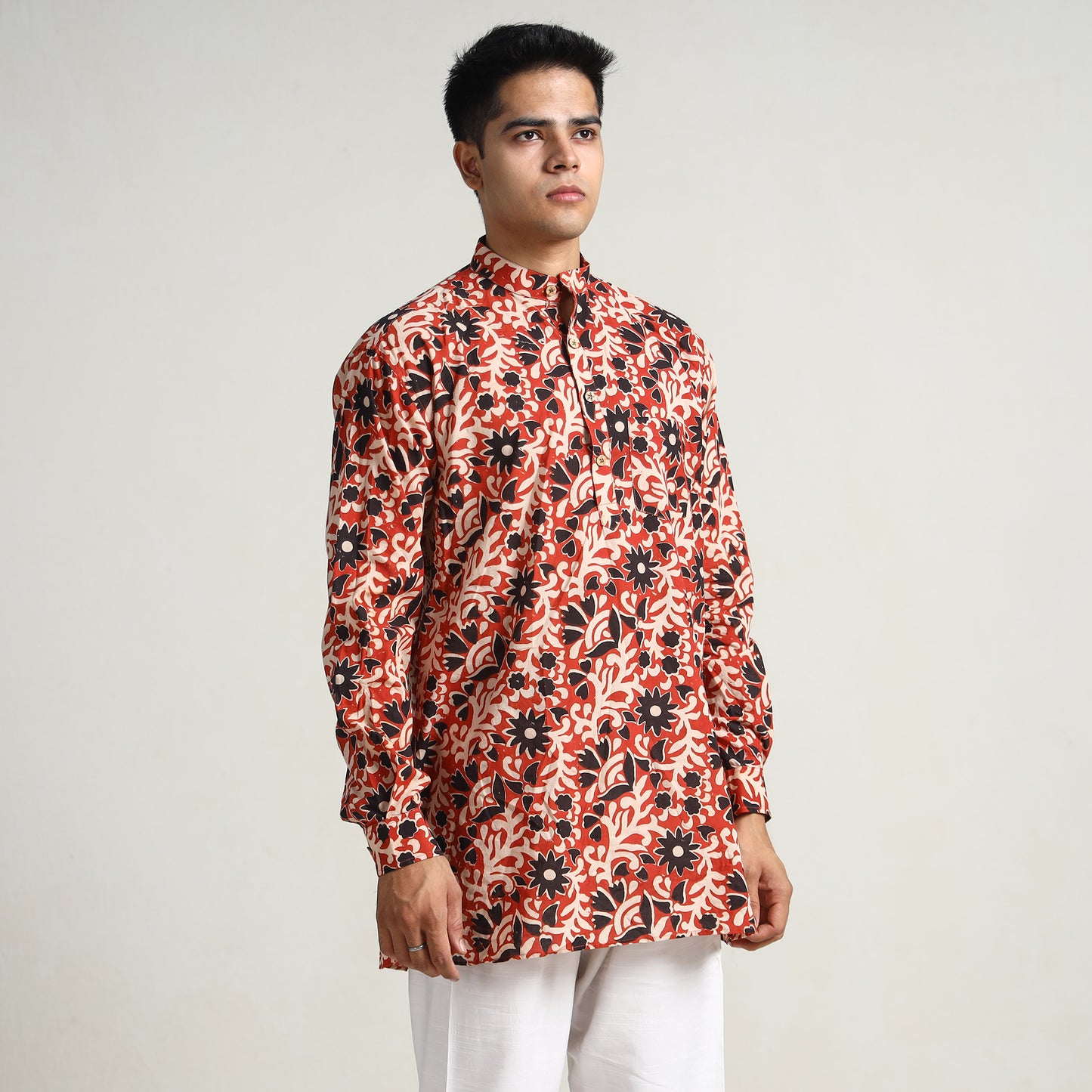 Red - Bagru Block Printed Cotton Men Short Kurta 06