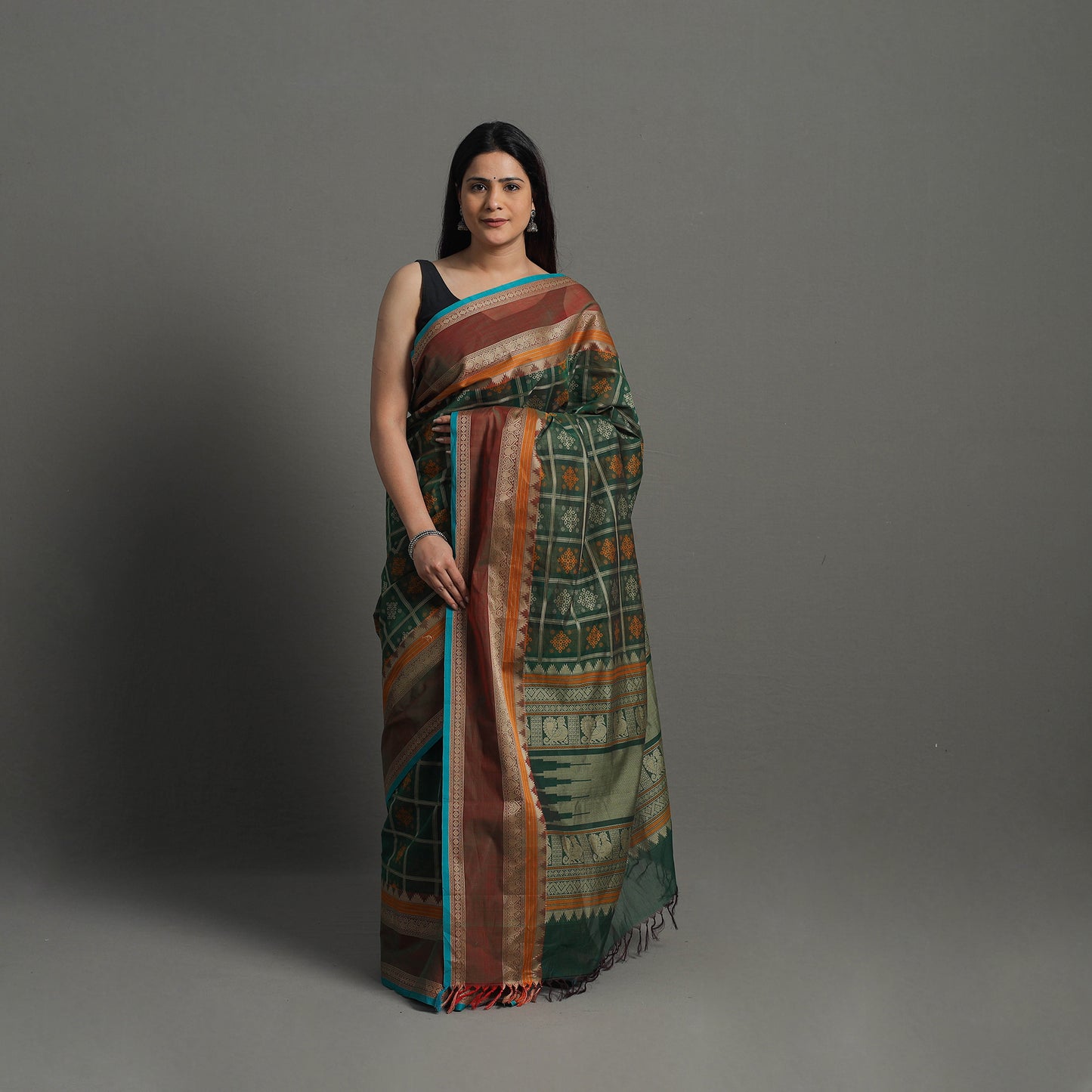 Green - Handloom Cotton Thread Border Kanchipuram Saree 20