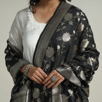 Black - Banarasi Semi Silk Zari Jaal Dupatta with Tassels 74