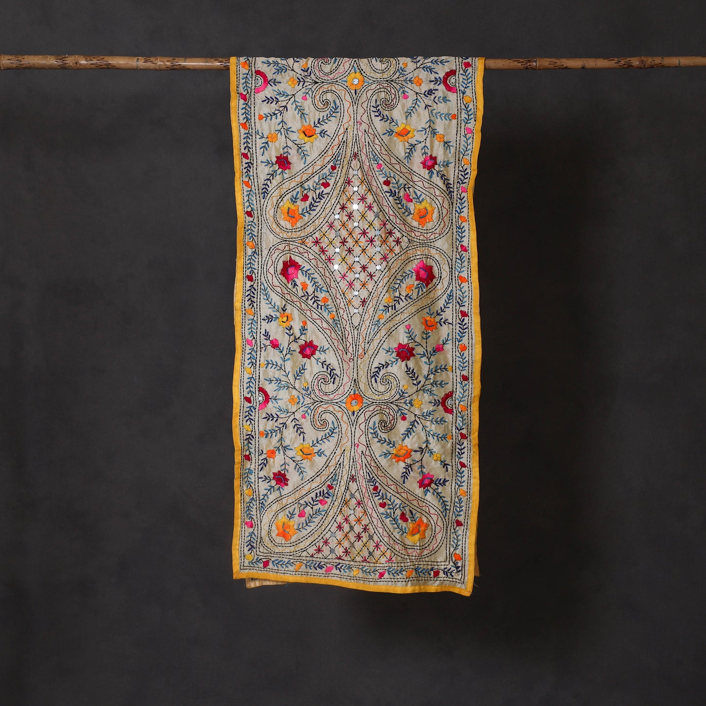 Yellow Ranihati Chanderi Silk Hand Embroidered Stole