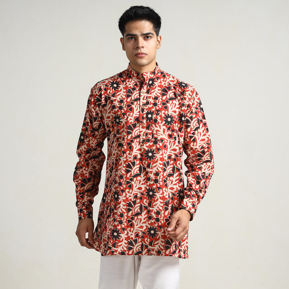 Red - Bagru Block Printed Cotton Men Short Kurta 06