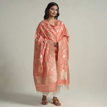 Peach - Banarasi Semi Silk Zari Jaal Dupatta with Tassels 75