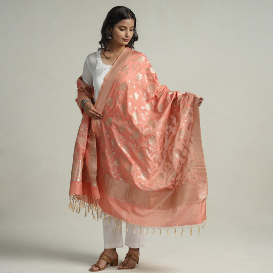 Peach - Banarasi Semi Silk Zari Jaal Dupatta with Tassels 75