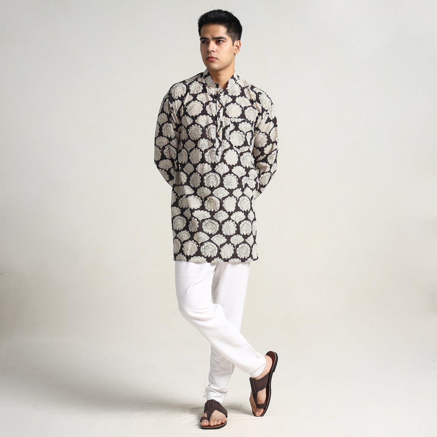 Brown - Bagru Block Printed Cotton Men Short Kurta 05