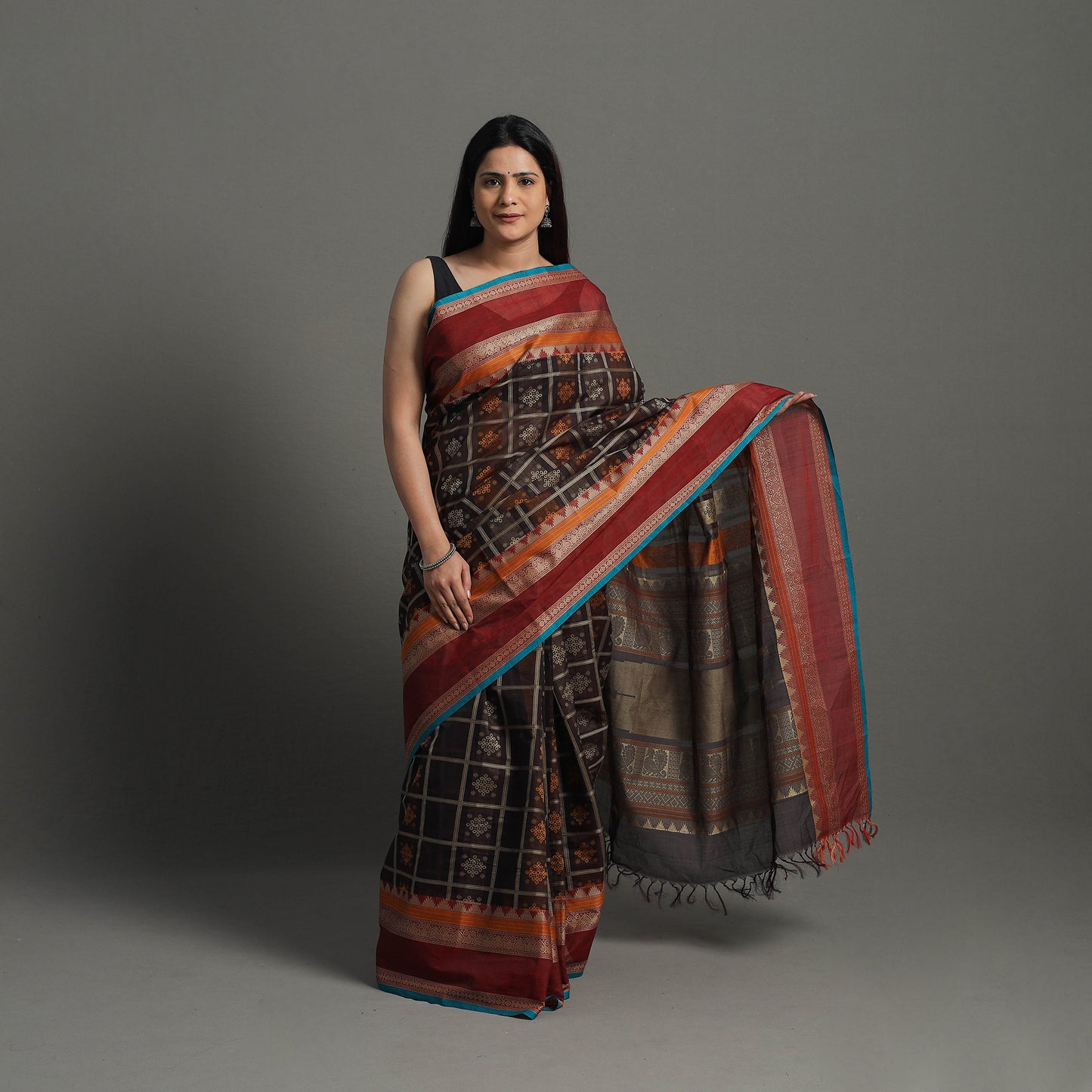 Black - Handloom Cotton Thread Border Kanchipuram Saree 21