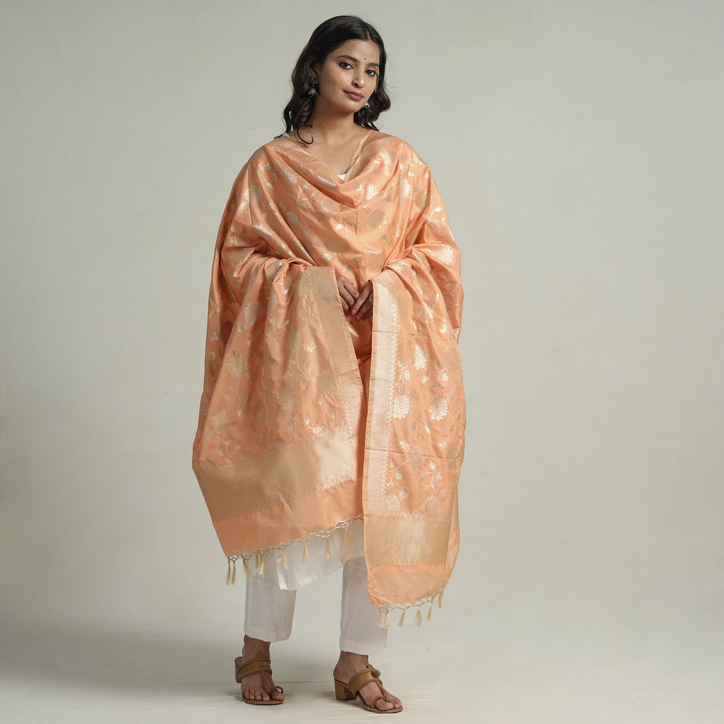 Peach -Banarasi Semi Silk Zari Jaal Dupatta with Tassels 76