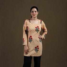 Beige - Sanganeri Hand Block Mughal Butta Print Cotton Short Kurta for women 13