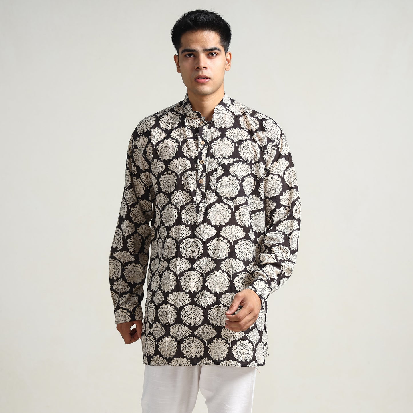 Brown - Bagru Block Printed Cotton Men Short Kurta 05