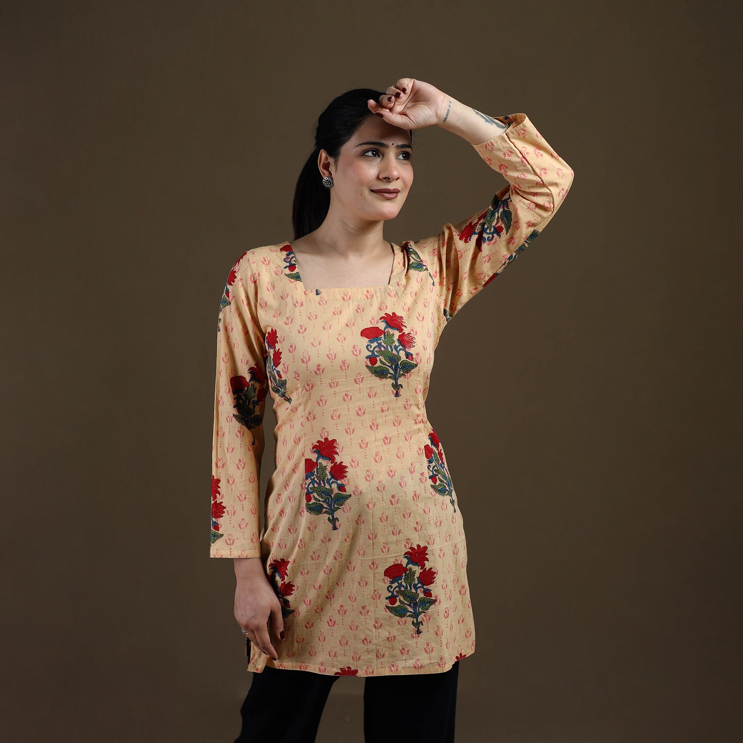 Beige - Sanganeri Hand Block Mughal Butta Print Cotton Short Kurta for women 13