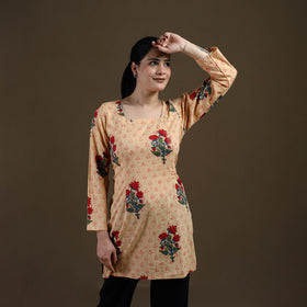 Beige - Sanganeri Hand Block Mughal Butta Print Cotton Short Kurta for women 13