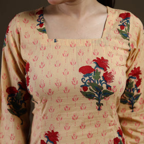 Beige - Sanganeri Hand Block Mughal Butta Print Cotton Short Kurta for women 13
