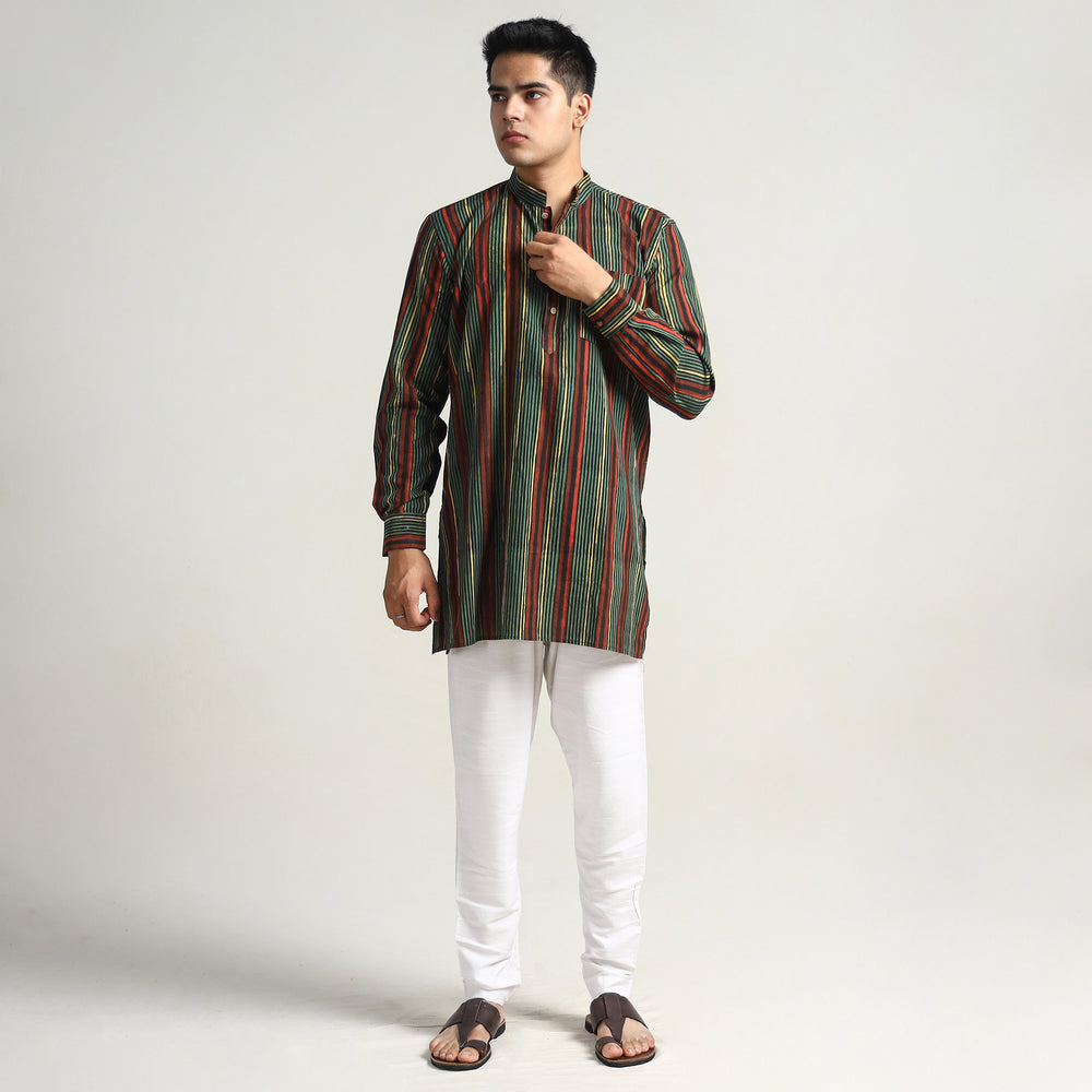 Green - Bagru Block Printed Cotton Men Short Kurta 01