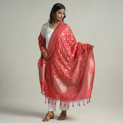 Red - Banarasi Semi Silk Zari Jaal Dupatta with Tassels 78
