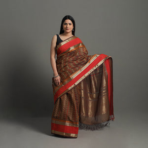 Brown - Handloom Cotton Zari Border Kanchipuram Saree 23