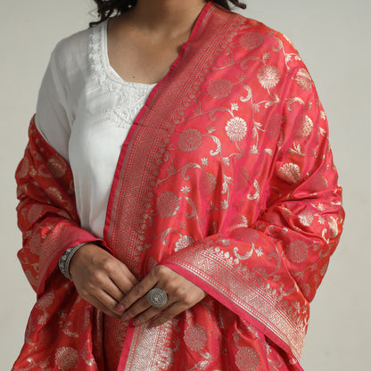 Red - Banarasi Semi Silk Zari Jaal Dupatta with Tassels 78